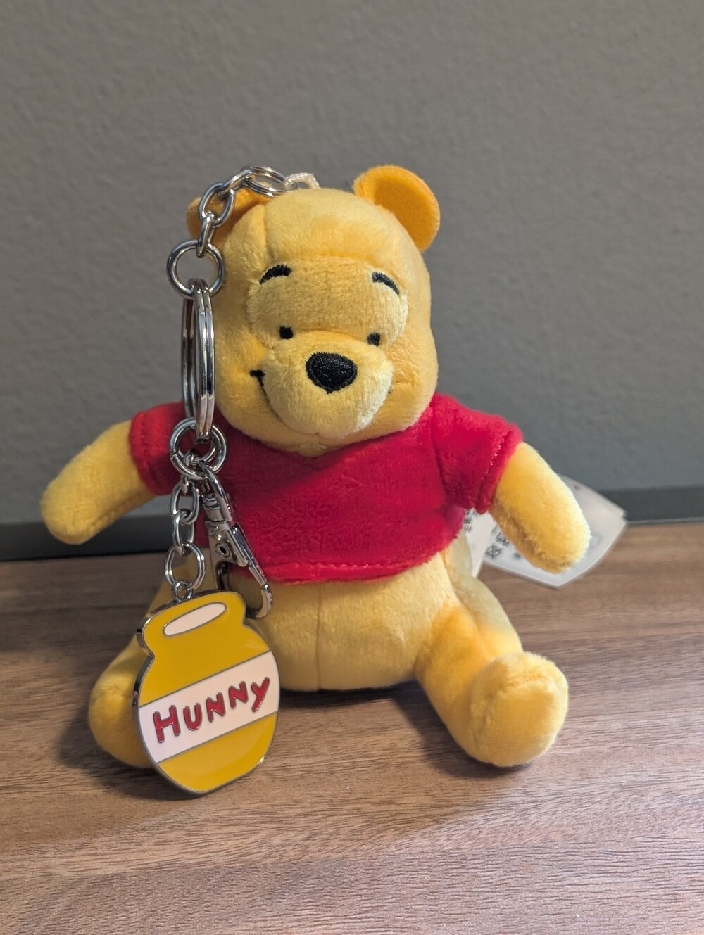 Disney Yellow Winnie the Pooh Plush Keychain Bag Charm with Red Shirt Hunny Pot